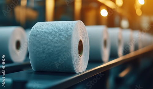 Production line of white paper towels in industrial facility close-up view manufacturing concept