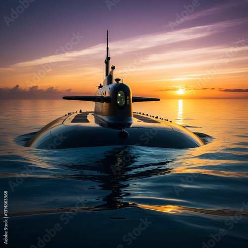 A silhouetted submarine glides beneath the ocean's surface, captured against a breathtaking sunset, highlighting the immensity and mystery of the underwater world.