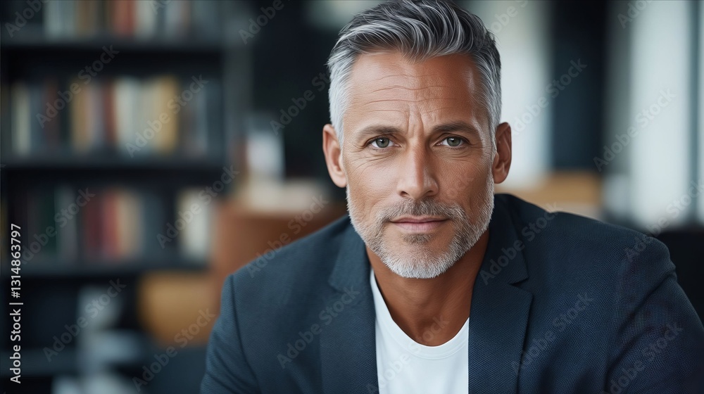 Obraz premium A man in a suit sitting in front of a bookshelf