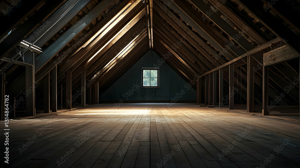 Empty Dusty Attic Interior With Wooden Floor And Beams Natural Light From A Window And Dark Grungy Ambiance Empty Dusty Attic Interior With Wooden Floor And Beams Natural Light From A Window And Dark Grungy Ambiance