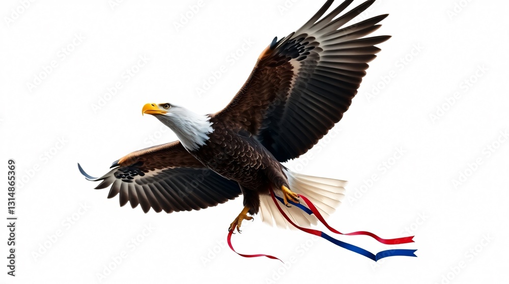Fototapeta premium gracefully soaring bald eagle with a trailing red, white, and blue ribbon