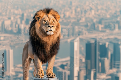 A majestic lion stands atop a ledge overlooking a vast cityscape, showcasing a blend of wildlife and urban life.