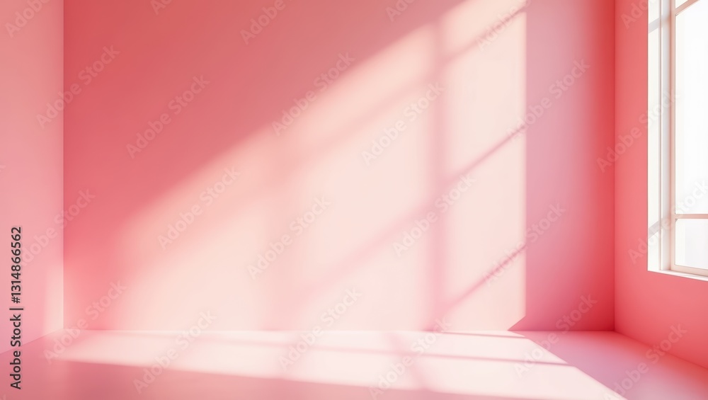 Soft pink room with natural sunlight casting shadows through the window creating a calm atmosphere