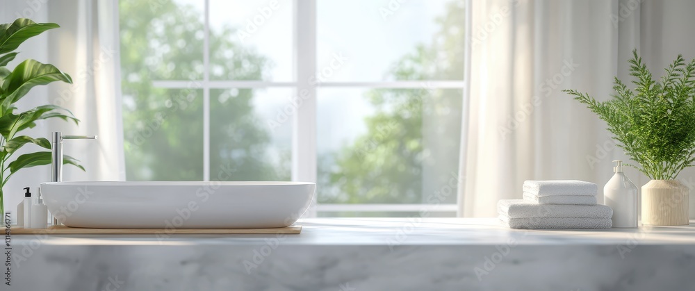 Fototapeta premium Serene Modern Bathroom Interior with Bathtub, Natural Light, Green Plants, and Minimalist Decor for Relaxation and Wellness Purposes