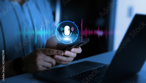 Voice recording and voice search concept.Sound recording or voice search with ai, speaker, music, voice message,assistance and marketing.Person using smartphone with virtual microphone.	