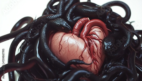 Ultra detailed hghly realistic photo of a anatomically correct human heart surrounded by entangled black snakes