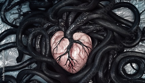 Ultra detailed hghly realistic photo of a anatomically correct human heart surrounded by entangled black snakes