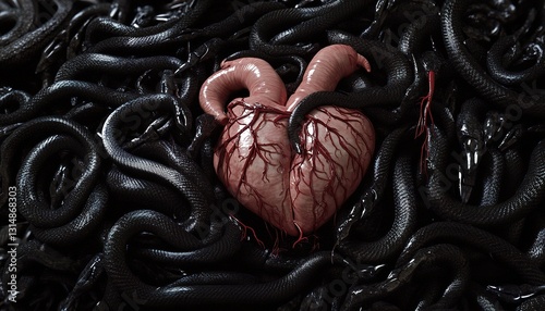 Ultra detailed hghly realistic photo of a anatomically correct human heart surrounded by entangled black snakes