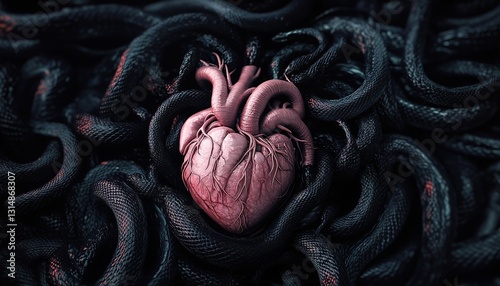 Ultra detailed hghly realistic photo of a anatomically correct human heart surrounded by entangled black snakes