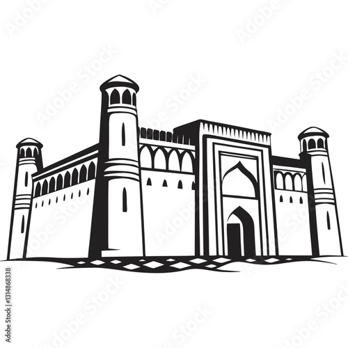 Bukhara Ark Fortress in black and white illustration