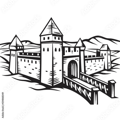 Medieval fortress of Carcassonne in black and white illustration