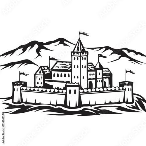 Hohenzollern Castle in black and white illustration
