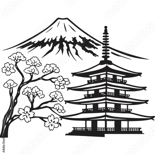 Mount Fuji and Chureito Pagoda in Japan, black and white sketch