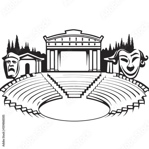 Ancient Theater of Epidaurus in Greece, black and white sketch