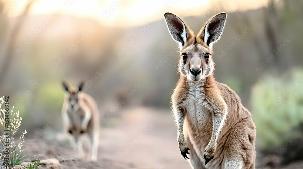 Two kangaroos standing alert with one in the foreground and another in the background Two kangaroos standing alert with one in the foreground and another in the background