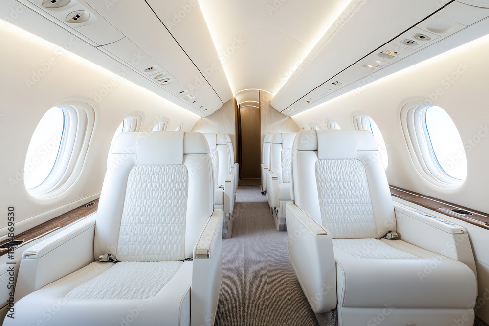 Fototapeta premium Luxury private jet interior airplane cabin photography modern design wide-angle view travel comfort