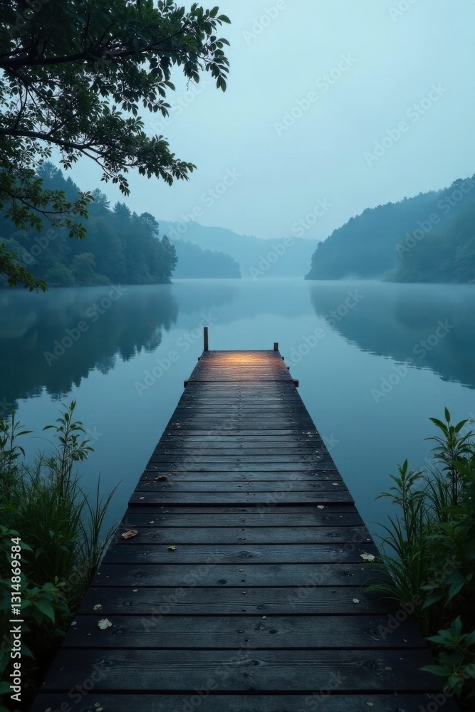 Fototapeta premium Serene Dawn A Misty Lake, Wooden Dock Extending to Tranquil Waters