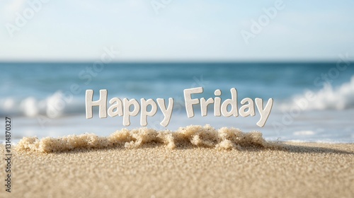 Sandy beach with gentle waves, sunny day, text wishing happy Friday, ideal for relaxation or vacation-themed content.