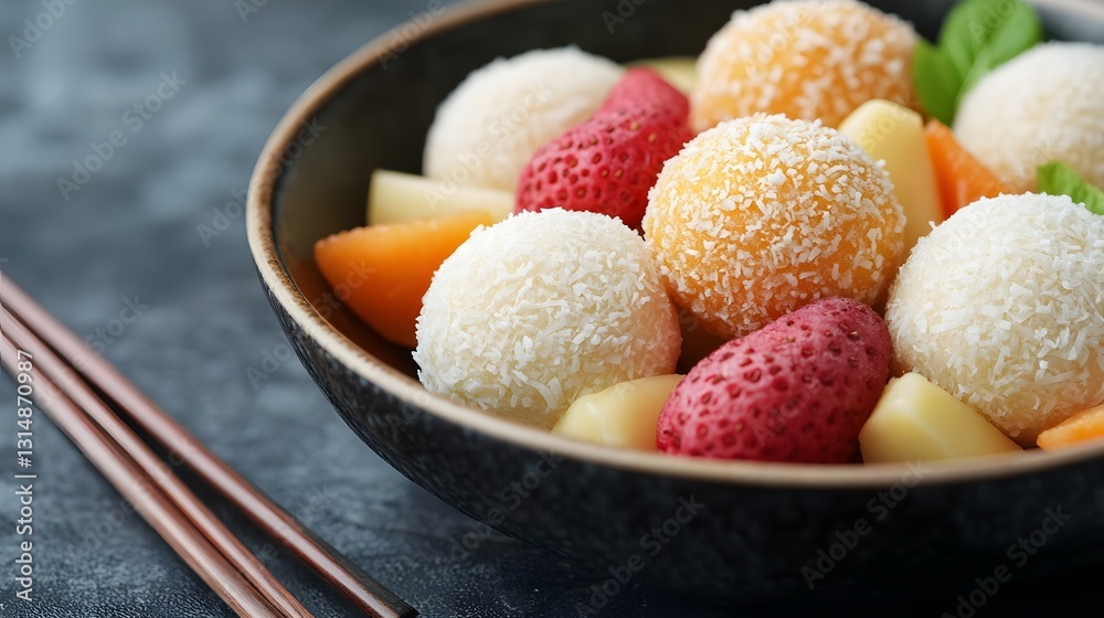 Closeup of Tasty Thai Coconut Dumplings Served with Tropical Fruits Closeup of Tasty Thai Coconut Dumplings Served with Tropical Fruits