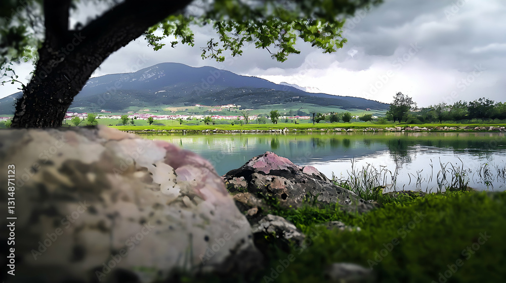 A scenic view featuring a mountain and reflective water body A scenic view featuring a mountain and reflective water body