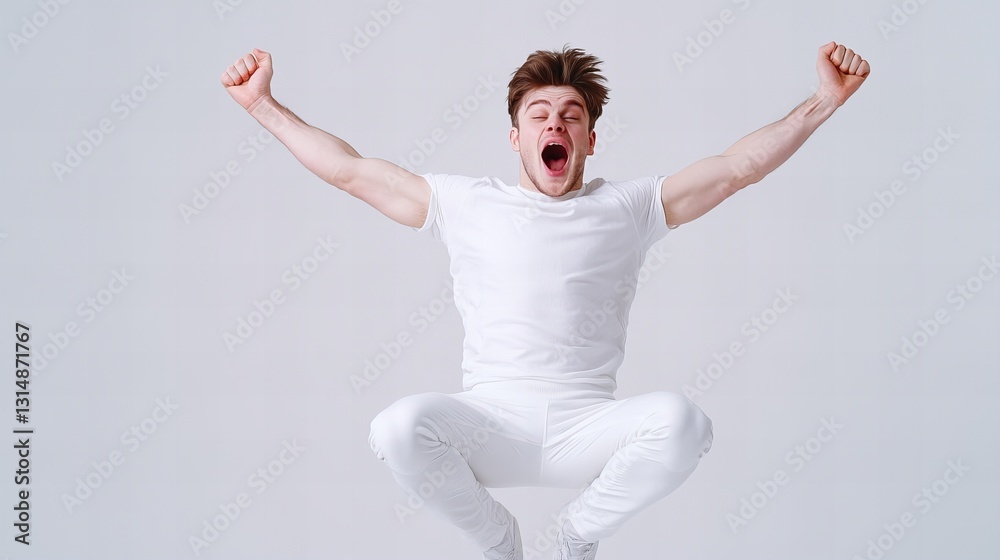 Fototapeta premium Joyful young man in white sportswear jumps and shouts with arms raised against a light gray background.