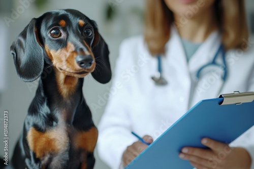 A veterinarian is currently examining a lovely Dachshund dog, focusing on essential pet care and canine health practices to ensure the animal receives the necessary vaccinations and attention
