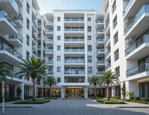 a modern residential apartment complex with a clean white exterior and glass balconies. Include landscaped greenery, small palm trees, and a well-paved entrance.