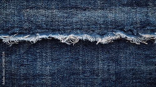 Distressed denim fabric with frayed edges showcasing texture and wear photo