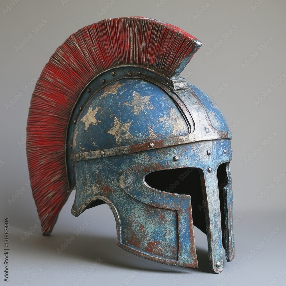 Fototapeta premium Close up of a weathered spartan helmet with american flag design on a gray background in studio light