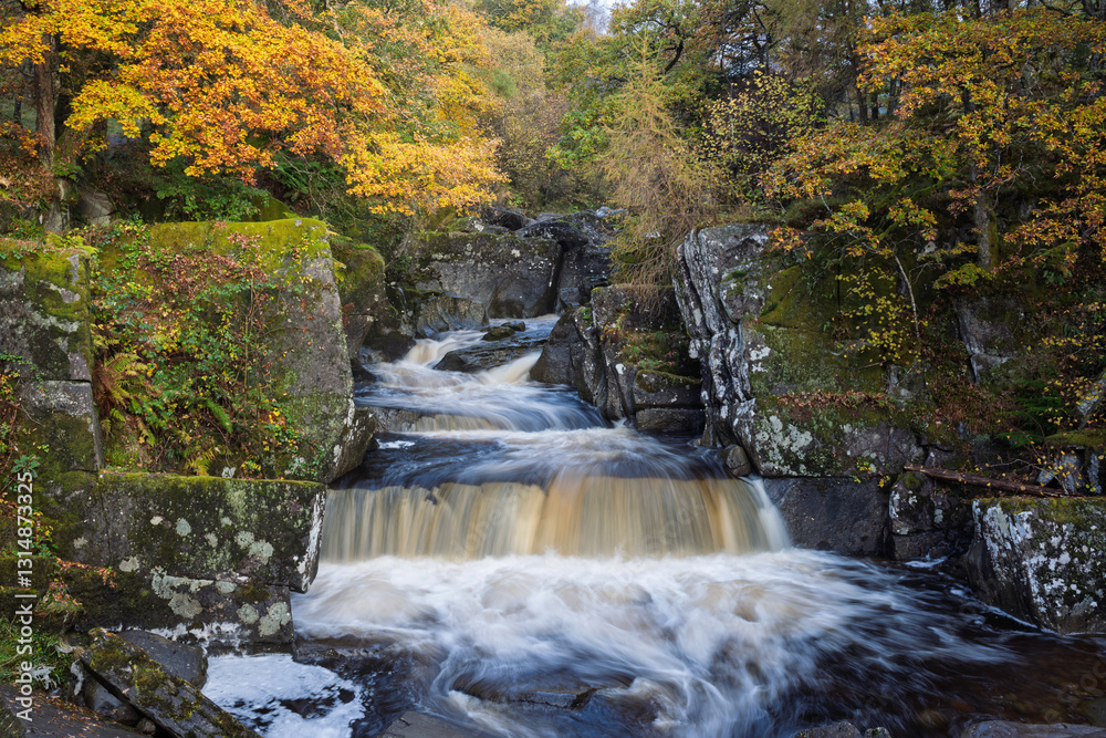 Bracklinn Falls, Callander, Loch Lomond and The Trossachs National Park, Scotland, Featuring a Fast-Flowing Waterfall Over Rocky Ledges, Enveloped by Autumn Colours and Lush Green Moss Bracklinn Falls, Callander, Loch Lomond and The Trossachs National Park, Scotland, Featuring a Fast-Flowing Waterfall Over Rocky Ledges, Enveloped by Autumn Colours and Lush Green Moss