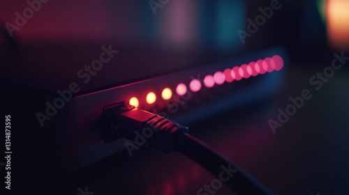 Close-up of a network device with illuminated status lights and a connected ethernet cable