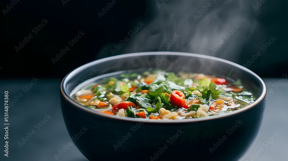Steaming Bowl of Fragrant Thai Spicy Soup with Aromatic Herbs and Lime Steaming Bowl of Fragrant Thai Spicy Soup with Aromatic Herbs and Lime