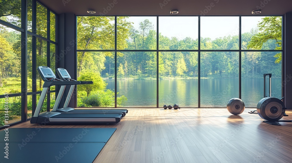 Fototapeta premium Modern Gym with Lake View