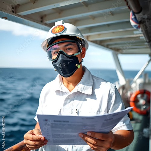 Filipino deck Officer on deck of offshore vessel or ship , wearing PPE personal protective equipment. He fills checklist. Paperwork at sea