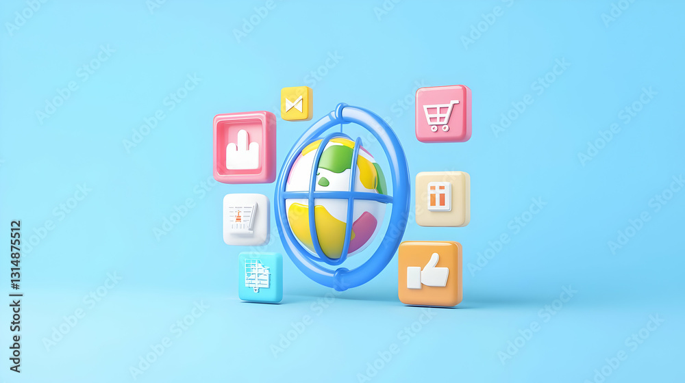 Colorful digital icons surrounding a globe in a light blue background Colorful digital icons surrounding a globe in a light blue background