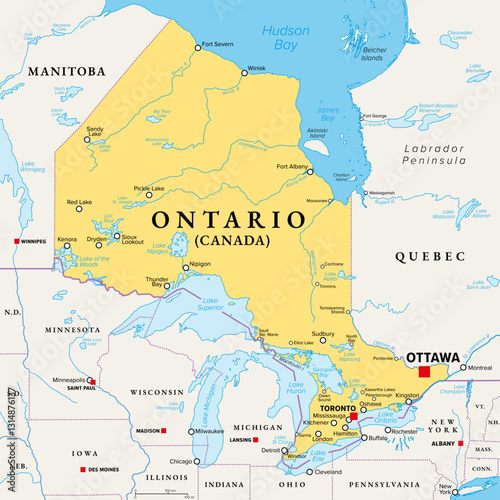 Ontario, southernmost province of Canada, political map. Located in Central Canada, the most populous province of the country with capital Toronto, and home of the national capital Ottawa. Vector