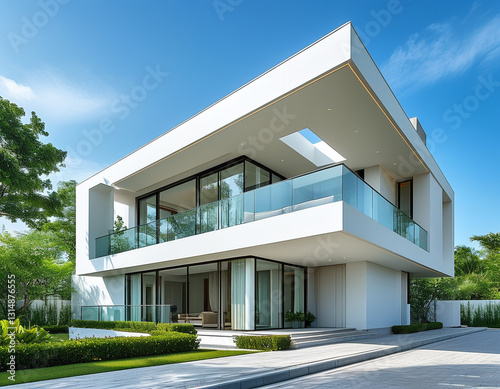 modern duplex villa with a sleek white exterior. The building features clean lines, large glass windows, and spacious balconies with glass railings.