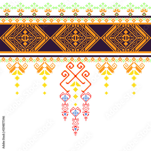 Traditional Ukrainian cross stitch pattern. Geometric pixel floral pattern. Orange, Black, Green. Ethnic fabric print. Silk, Scarf, Background, Textile, Carpet, Texture, Hand drawn, Vector abstract.