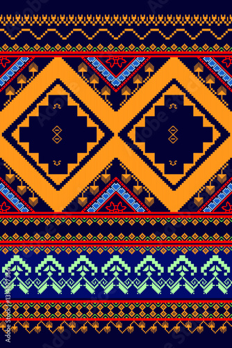 Traditional Ukrainian cross-stitch - detailed vector illustration for fabric printing design. Traditional Thai pattern in pixel style. Geometric pattern. Orange, navy . Suitable for fabric printing.