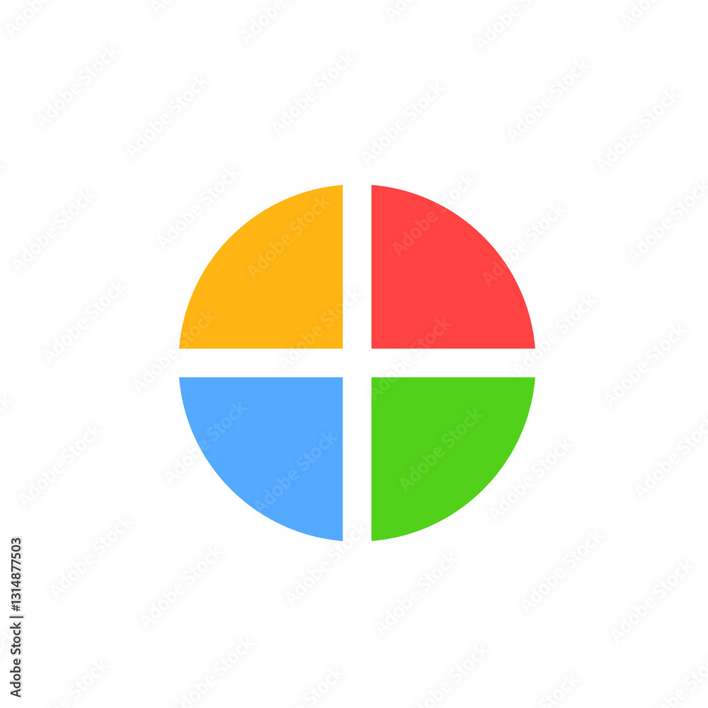 Circle divided into four segments, each a different color: blue, red, yellow, and green. Circle divided into four segments, each a different color: blue, red, yellow, and green.