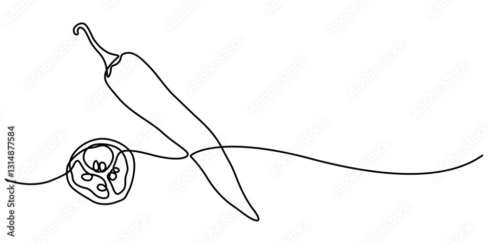 Obraz premium Chili pepper in continuous line art drawing style. Hot spice chili black linear sketch isolated on white background, chili pepper continuous line vector illustration, pepper graphic design Single line