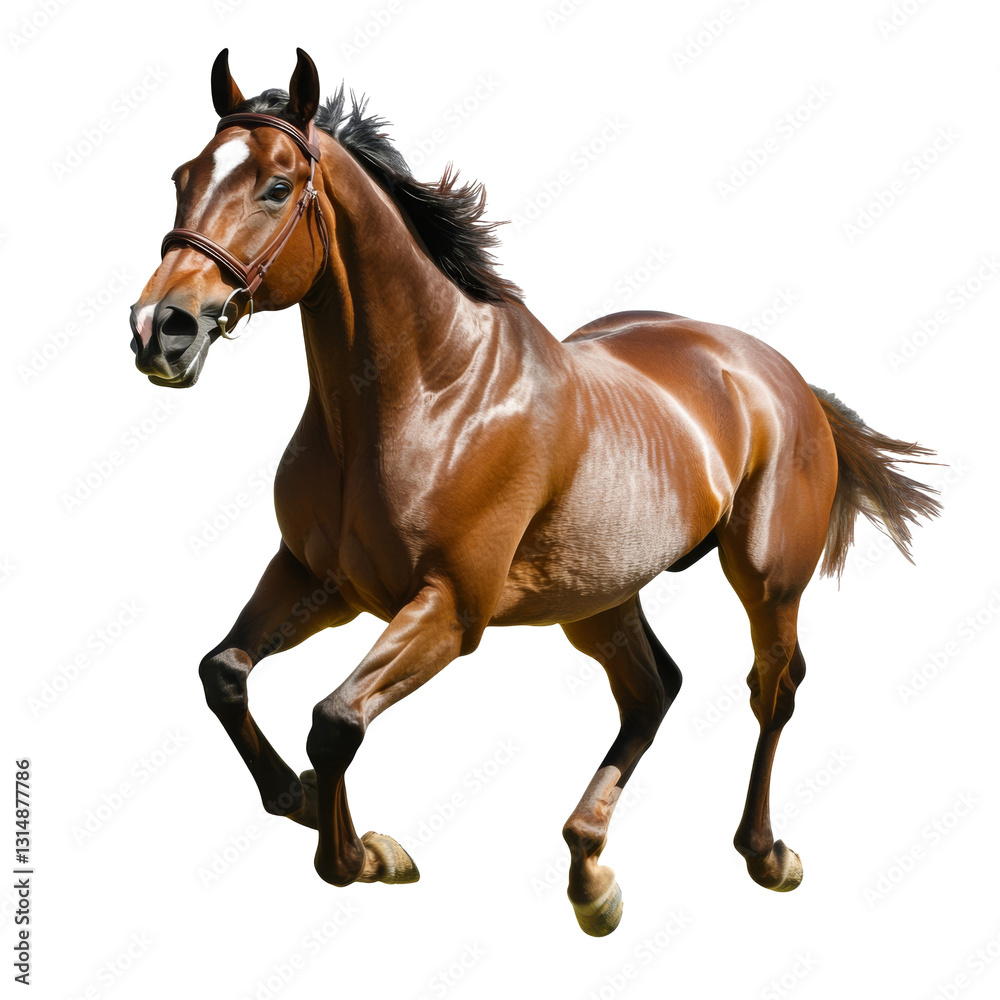 Strong bay horse galloping with speed and grace isolated on white background