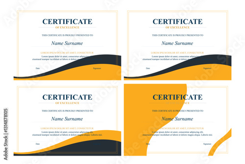 Four Award Certificates Yellow, Gold Design