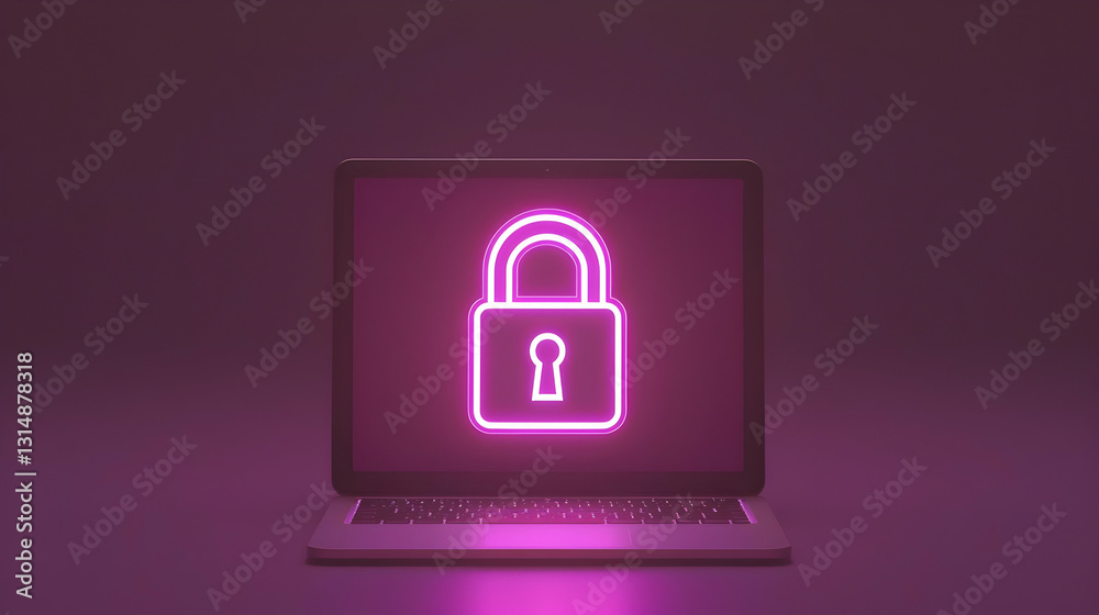 Digital Security Concept with Neon Lock Icon on Laptop Screen Digital Security Concept with Neon Lock Icon on Laptop Screen