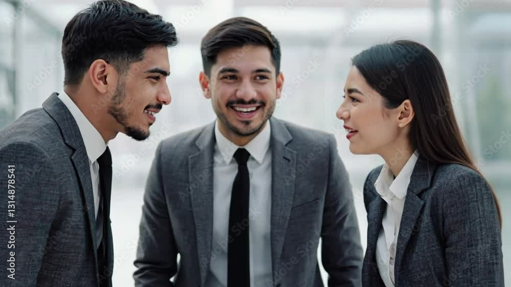 A diverse group of young generation Z business professionals in formal suits share a laugh while networking. Concept of teamwork, corporate networking, and professional communication. A diverse group of young generation Z business professionals in formal suits share a laugh while networking. Concept of teamwork, corporate networking, and professional communication.