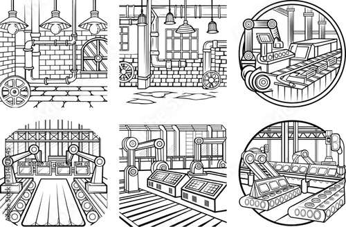 Factory Coloring Pages: Industrial Automation, Robots, Conveyor Belts, Line Art Illustrations for Creative Coloring Fun