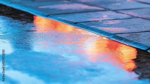 Reflection of colorful lights on wet pavement