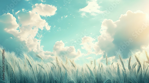 A wheat field under a sky filled with fluffy white clouds.