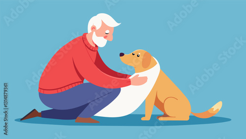 An elderly gentleman carefully placing a warm blanket on his adopted senior dog determined to give them the love and care they deserve.. Vector illustration