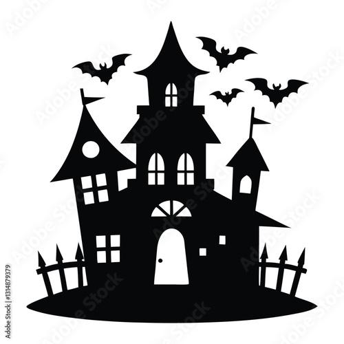 Haunted House Silhouette with Bats and Spooky Atmosphere for Halloween